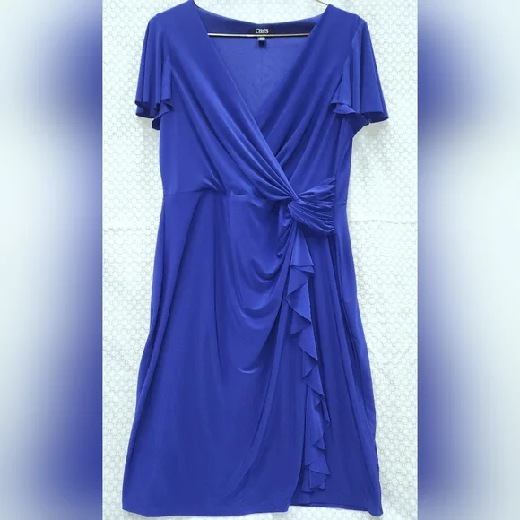 Chaps XL Dress Royal Blue Flutter Short Sleeve Side Drape V-Neck Comfy Stretch - Picture 1 of 5
